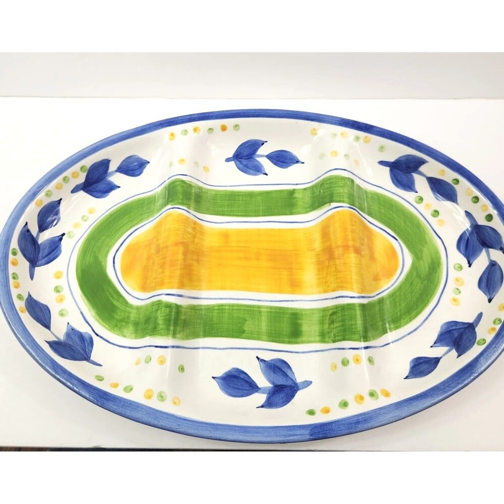 Gibson Clarisse Ceramic Oval 15" Platter Tray Yellow Green & Blue